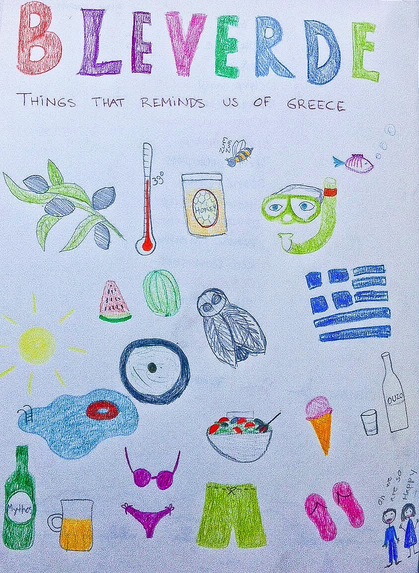 Child’s drawing from the Bleverde guest book: things that remind us of Greece — olives, sun, a Greek flag, ice cream and the pool