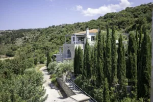 Villa Levanda seen from the estate track, among cypress trees on the hillside